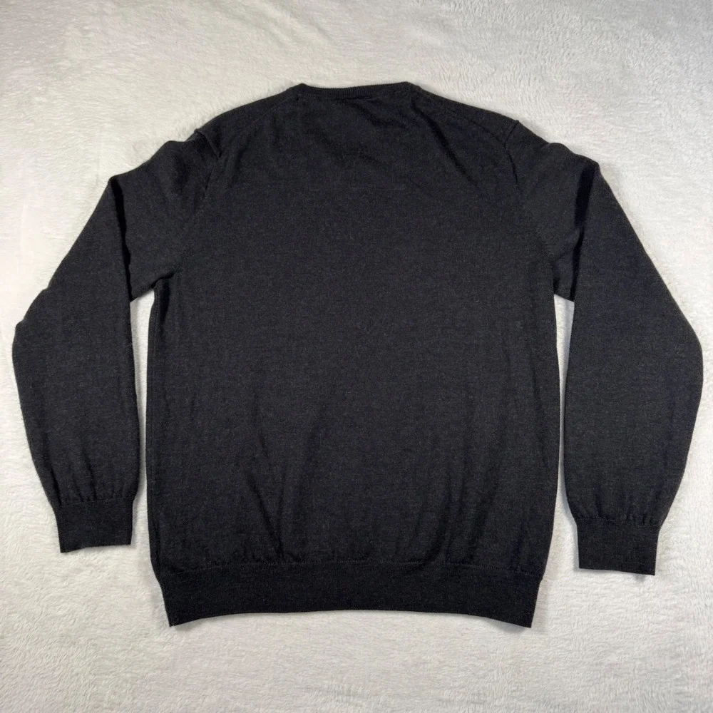 Calvin Klein V-Neck Sweater Mens L Grey Italian Merino Wool Embroidered CK Logo